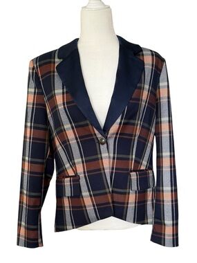 NWOT S’EDGE Navy/Orange Plaid “Wharton” Blazer/Jacket Academia Preppy Size Small